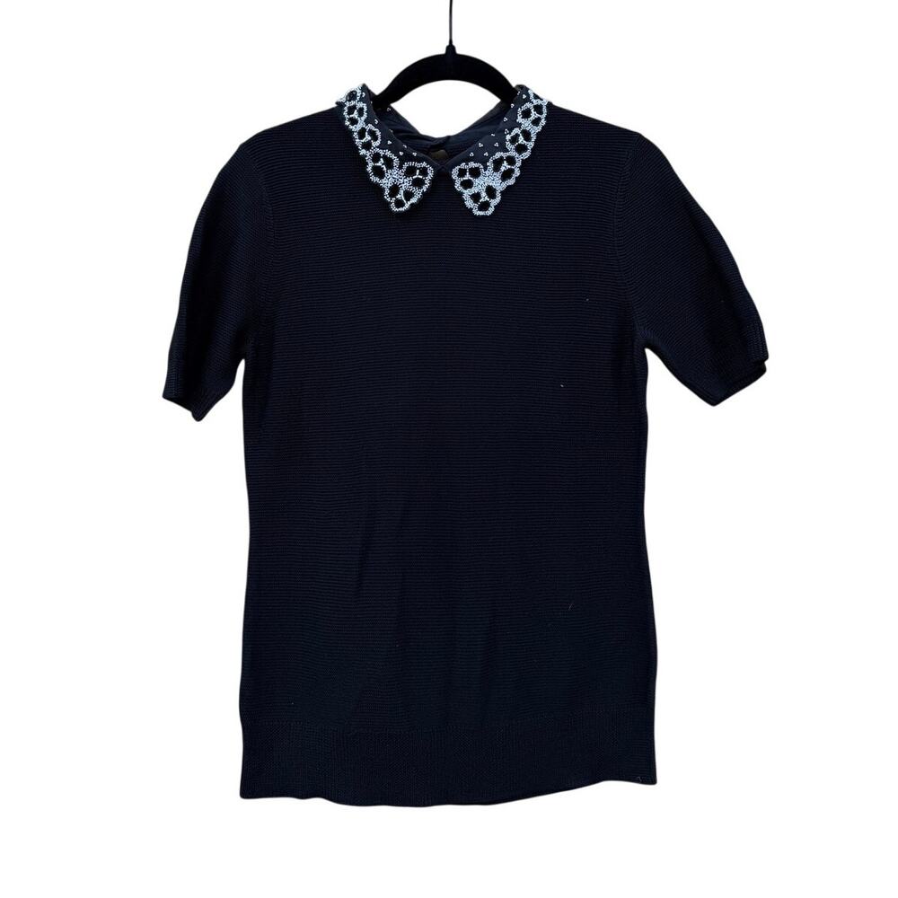 Jason Wu Silk Short Sleeve Knit Beaded Collar Top Size Small